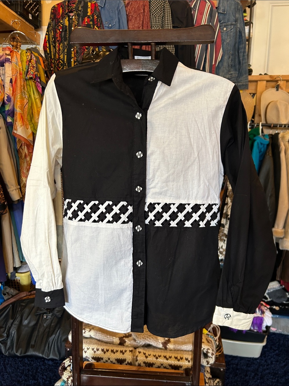 Vintage Roper Black and White Colorblock Button-Down Shirt with shoulder pads